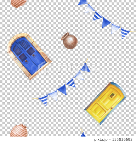 Seamless pattern with blue and yellow doors, blue and white triangular flags, brown ceramic pots on an isolated background. Watercolor illustration with traditional Greek elements for tourism business Seamless pattern with blue and yellow doors, blue and white triangular flags, brown ceramic pots on an isolated background. Watercolor illustration with traditional Greek elements for tourism business 135836692