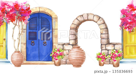 Seamless border with traditional Greek architectural elements on an isolated background. Watercolor illustration with bright doors, stone arch and pink flowers in ceramic pots. A seamless template for Seamless border with traditional Greek architectural elements on an isolated background. Watercolor illustration with bright doors, stone arch and pink flowers in ceramic pots. A seamless template for 135836693