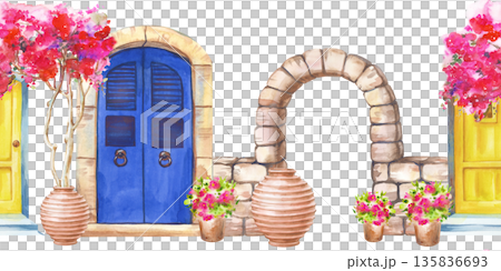 Seamless border with traditional Greek architectural elements on an isolated background. Watercolor illustration with bright doors, stone arch and pink flowers in ceramic pots. A seamless template for Seamless border with traditional Greek architectural elements on an isolated background. Watercolor illustration with bright doors, stone arch and pink flowers in ceramic pots. A seamless template for 135836693