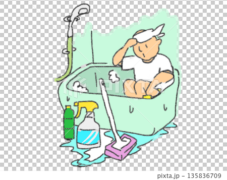 描繪一個人清潔浴缸的插圖 135836709
