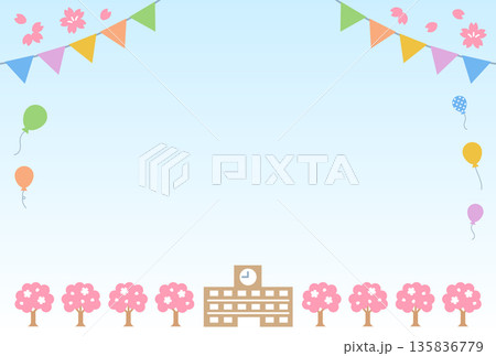 ガーランドと風船のある桜の季節の学校の背景素材　横 135836779