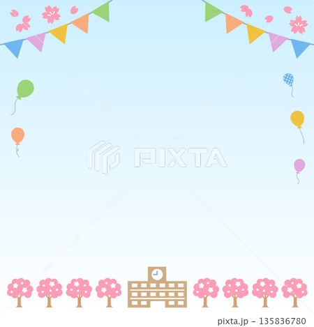 ガーランドと風船のある桜の季節の学校の背景素材　正方形 135836780