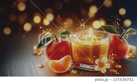 Bright mandarins and a delicate candle accent, an elegant seasonal table decoration with flowers and soft lighting Bright mandarins and a delicate candle accent, an elegant seasonal table decoration with flowers and soft lighting 135836781