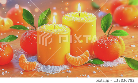 Candles Flickering With Mandarins And Sugar Crystals Evoke Cozy Holiday Baking Scenes Filled With Cheer 135836782