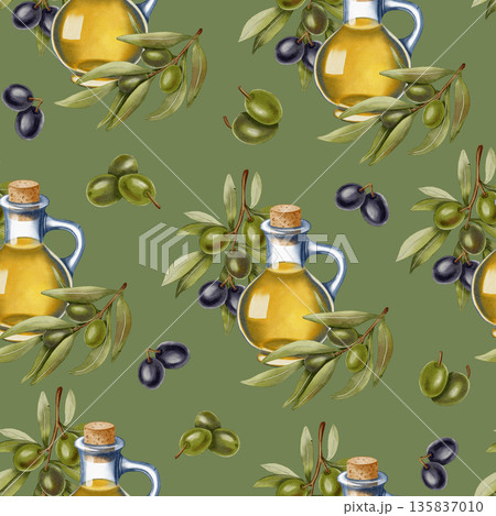 Hand-drawn watercolor seamless pattern with olive oil bottles, green and black olives, and branches. Food illustration. Ideal for kitchen, food, and packaging design. Hand-drawn watercolor seamless pattern with olive oil bottles, green and black olives, and branches. Food illustration. Ideal for kitchen, food, and packaging design. 135837010