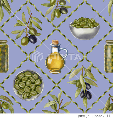 Watercolor seamless pattern with olive oil bottles, bowls with olives, branches and jugs. Food illustration. Ideal for textile design, packaging, kitchen and restaurant, menu. Watercolor seamless pattern with olive oil bottles, bowls with olives, branches and jugs. Food illustration. Ideal for textile design, packaging, kitchen and restaurant, menu. 135837011