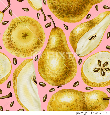Hand painted watercolor seamless pattern with various pear slices, halves, and whole fruits. Ideal for food packaging, textile, menu backgrounds, and modern design 135837063