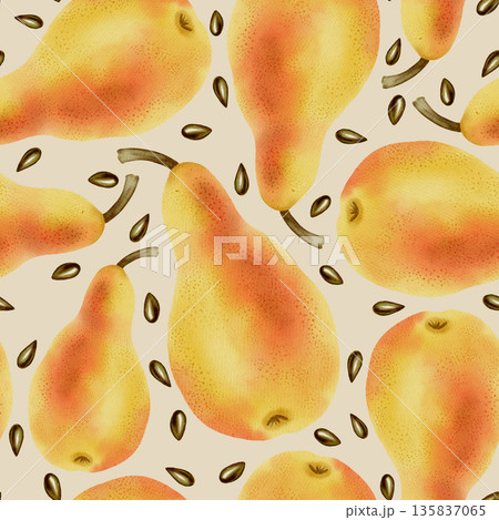 A seamless hand-drawn watercolor pattern featuring ripe yellow pears. A great choice for packaging, textiles, wrapping paper, wallpaper, and fabric designs. 135837065
