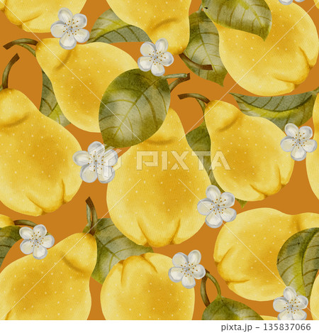 Seamless hand-drawn watercolor pattern featuring pears and delicate white flowers and leaves. Perfect for packaging, textiles, wallpaper, and fabric printing 135837066