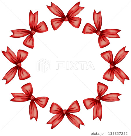 Watercolor illustration of a hand-drawn silk bow wreath. A decorative element for gifts, fashion, Valentine's Day, weddings, and romantic celebrations. 135837232