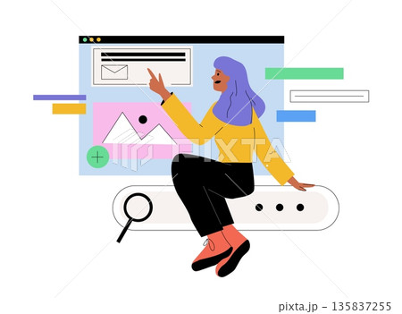 Search job. Young woman finding vacancy in internet. Computer browser windows. Web technology. Employee hiring. Online information analysis. Girl working at laptop. Business employment. Vector concept Search job. Young woman finding vacancy in internet. Computer browser windows. Web technology. Employee hiring. Online information analysis. Girl working at laptop. Business employment. Vector concept 135837255