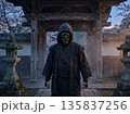 Dark Masked Warrior Guarding Ancient Japanese Temple with Mysterious Power. 135837256