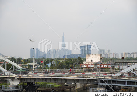 City skyline with a bridge in the middle 135837330