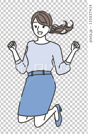 A woman in office casual clothes jumping with joy A woman in office casual clothes jumping with joy 135837414