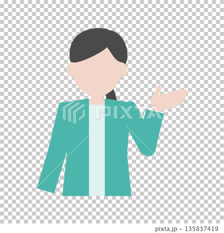 一位女士正面講解－圖解：人物呈現指導姿勢，掌心向上 135837419