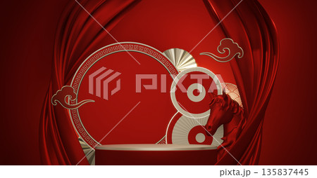Year of the Horse ,Red Podium, minimal red geometric design.3D rendering 135837445