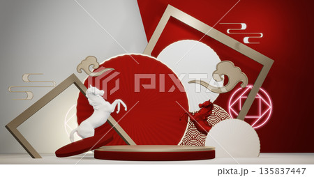 Year of the Horse ,Red Podium, minimal red geometric design.3D rendering Year of the Horse ,Red Podium, minimal red geometric design.3D rendering 135837447