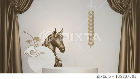 Year of the Horse ,China White Podium, minimal red geometric design.3D rendering Year of the Horse ,China White Podium, minimal red geometric design.3D rendering 135837503