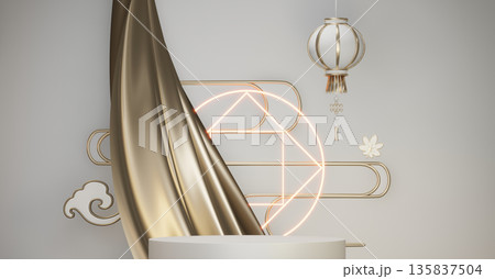 Year of the Horse ,China White Podium, minimal red geometric design.3D rendering Year of the Horse ,China White Podium, minimal red geometric design.3D rendering 135837504