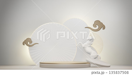 Year of the Horse ,China White Podium, minimal red geometric design.3D rendering Year of the Horse ,China White Podium, minimal red geometric design.3D rendering 135837508