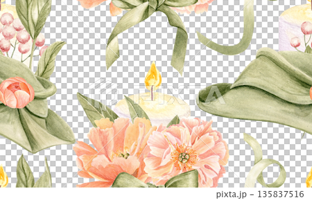 Burning candle, blooming peonies, green hat with soft folds, butterflies and berries watercolor seamless pattern. Perfect for wedding invites, tape, packaging, romantic decor and seasonal designs Burning candle, blooming peonies, green hat with soft folds, butterflies and berries watercolor seamless pattern. Perfect for wedding invites, tape, packaging, romantic decor and seasonal designs 135837516