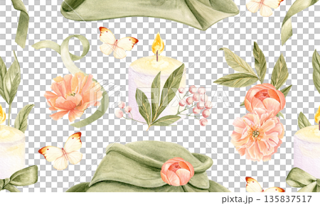 Burning candle, blooming peonies, green hat with soft folds, butterflies and berries watercolor seamless border. Perfect for wedding invites, tape, packaging, romantic decor and seasonal designs Burning candle, blooming peonies, green hat with soft folds, butterflies and berries watercolor seamless border. Perfect for wedding invites, tape, packaging, romantic decor and seasonal designs 135837517