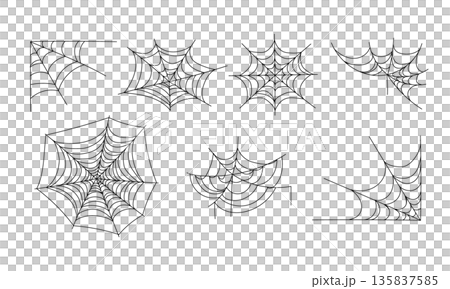 手描き風クモの巣のシンプルな線画セット 135837585