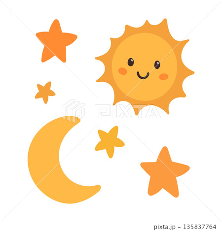 Happy sun, moon, and stars set for bedtime nursery art, showing day and night symbols for children decor and dreamy sky backgrounds 135837764