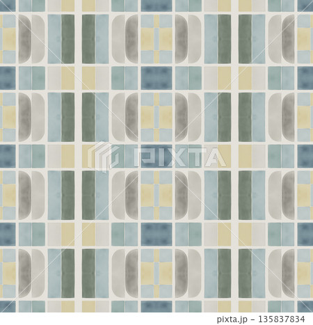 Abstract watercolor geometrical background, retro style seamless pattern in beige and blue tones 135837834