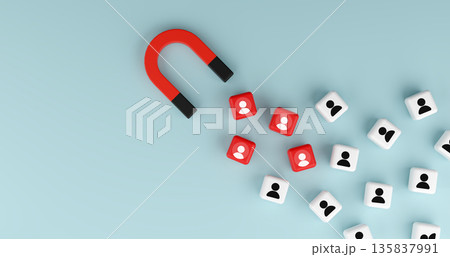 Magnet attracting selected red human icons among white cubes on blue background. Concept for talent acquisition, recruitment marketing, hiring professional employees and strategic HR management. Magnet attracting selected red human icons among white cubes on blue background. Concept for talent acquisition, recruitment marketing, hiring professional employees and strategic HR management. 135837991