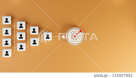Business flowchart leading to a dartboard with red arrow on orange background. Concept for precision marketing, goal achievement, target audience selection, and strategic business planning. Business flowchart leading to a dartboard with red arrow on orange background. Concept for precision marketing, goal achievement, target audience selection, and strategic business planning. 135837992