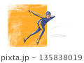 Speed skating. Athlete on skates. Sports, health, and Winter Olympics. Bright, colorful illustration with textures for design. 135838019