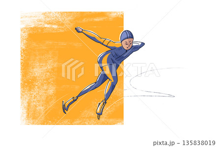 Speed skating. Athlete on skates. Sports, health, and Winter Olympics. Bright, colorful illustration with textures for design. 135838019