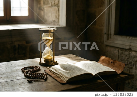 Hourglass measuring time beside old book and beads in historical interior Hourglass measuring time beside old book and beads in historical interior 135838022