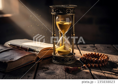 Hourglass measuring time beside old book and beads in historical interior 135838023