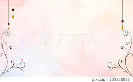 Soft Pastel Background with Elegant Decorative Floral Corners and Hanging Ornaments, Light Minimal Romantic Design for Invitations, Wedding Cards, Greetings Soft Pastel Background with Elegant Decorative Floral Corners and Hanging Ornaments, Light Minimal Romantic Design for Invitations, Wedding Cards, Greetings 135838056