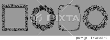 Set of decorative frames Elegant vector element for design in Eastern style, place for text. Floral black and gray borders. Lace illustration for invitations and greeting cards Set of decorative frames Elegant vector element for design in Eastern style, place for text. Floral black and gray borders. Lace illustration for invitations and greeting cards 135838169