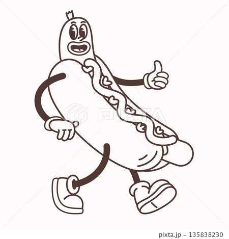 Cartoon hot dog character in groovy retro line style with sausage and bun on a light background. Hot dog cartoon line illustration with vintage look. Great for stickers, posters,coloring pages, menus 135838230
