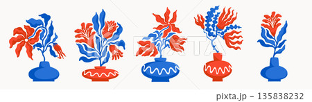Vector flower bouquet set in red and blue with decorative vases. Floral spring plant illustrations in modern flat wavy style, perfect for greeting cards, textile prints, posters, and packaging design. Vector flower bouquet set in red and blue with decorative vases. Floral spring plant illustrations in modern flat wavy style, perfect for greeting cards, textile prints, posters, and packaging design. 135838232