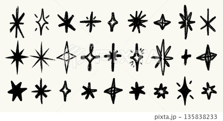 Crayon star and sparkle vector set with rough pencil texture. Hand drawn doodle stars, crosses and sparkles in chalk style. Great for wallpaper, fabric, wrapping paper, print, kids projects Crayon star and sparkle vector set with rough pencil texture. Hand drawn doodle stars, crosses and sparkles in chalk style. Great for wallpaper, fabric, wrapping paper, print, kids projects 135838233
