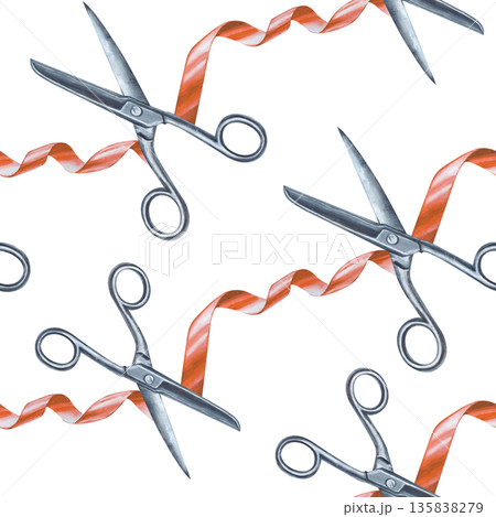 Diagonal seamless pattern with red ribbon and iron scissors. Watercolor illustration with the working tools of a seamstress on an isolated background. Realistic background for packaging, wallpaper 135838279