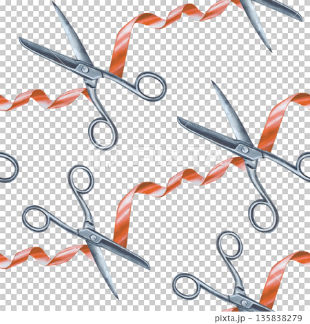 Diagonal seamless pattern with red ribbon and iron scissors. Watercolor illustration with the working tools of a seamstress on an isolated background. Realistic background for packaging, wallpaper 135838279