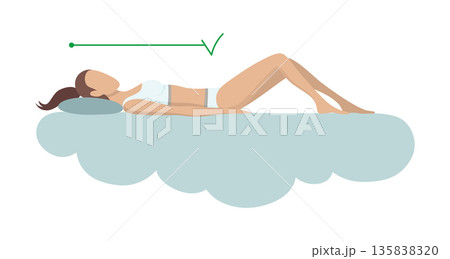 Correct sleeping body posture. Healthy sleeping position spine on orthopedic mattress and pillow. Caring for health of back, neck. Vector illustration Correct sleeping body posture. Healthy sleeping position spine on orthopedic mattress and pillow. Caring for health of back, neck. Vector illustration 135838320