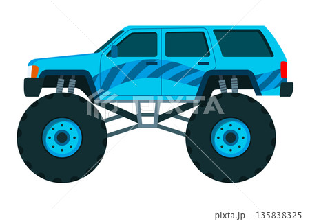 Monster truck. Bright colorful cartoon auto with big wheels. Heavy car with large tires and black tinted windows. Isolated rally 4x4 computer or mobile game 135838325