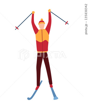 Man on mountain ski resort. Winter web banner design element. Sport on vacations or winter activity. Sports descent on skis in mountains hills. Vector cartoon illustration 135838342