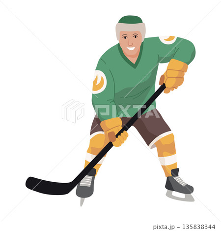 Ice hockey player. Athletes in uniform, dynamic pose, team sports on ice, winter game, forward, cartoon flat style isolated vector 135838344