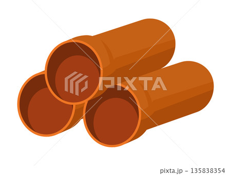 Modular terracotta pipes with circular openings in open storage space, Arrangement of sturdy orange ceramic pipes with circular openings in outdoor storage area Modular terracotta pipes with circular openings in open storage space, Arrangement of sturdy orange ceramic pipes with circular openings in outdoor storage area 135838354
