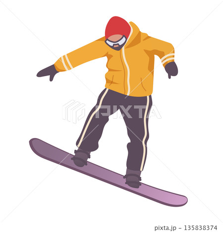 Modern flat vector illustration of a snowboard jump on a mountain slope Modern flat vector illustration of a snowboard jump on a mountain slope 135838374