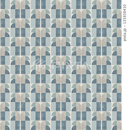 Abstract watercolor geometrical background, retro style seamless pattern in beige and blue tones 135838410