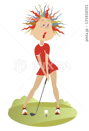 Funny woman playing golf. Woman golfer trying to make a good shot Funny woman playing golf. Woman golfer trying to make a good shot 135838501